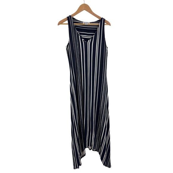 Size Medium TOMMY BAHAMA ANOCHE SLEEVELESS NAVY STRIPED‎ SHARKBITE MAXI DRESS - Picture 6 of 11
